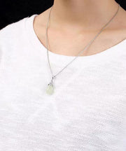 Simple Light Green Sterling Silver Inlaid Jade Orchid Pendant Necklace