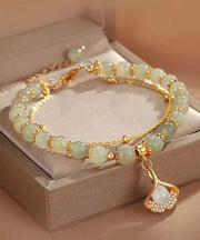 Simple Light Green Sterling Silver Overgild Zircon Jade Ginkgo Leaf Charm Bracelet