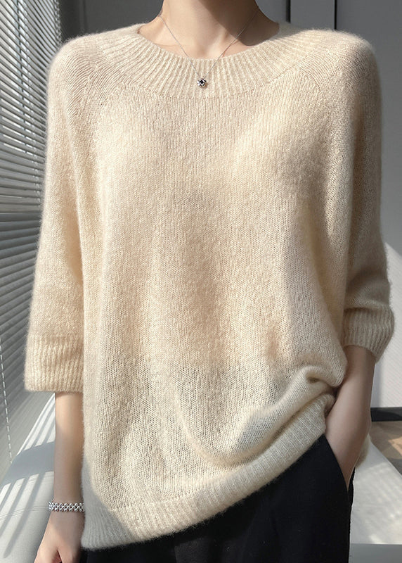 Simple Light Grey O Neck Thin Cashmere Sweater Tops Bracelet Sleeve