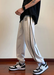 Simple Light Grey Pockets Drawstring Warm Fleece Mens Beam Pants Winter