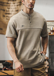 Simple Light Khaki Stand Collar Button Cotton Mens T Shirt Summer