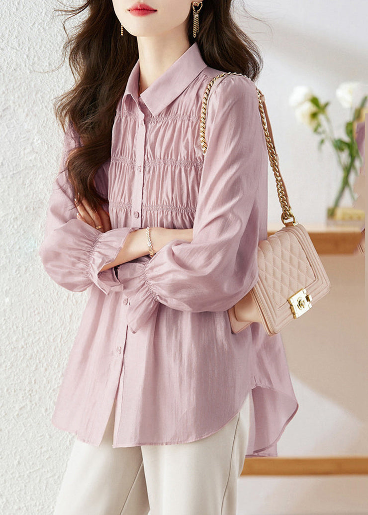 Simple Light Purple Peter Pan Collar Wrinkled Patchwork Button Silk Shirts Long Sleeve