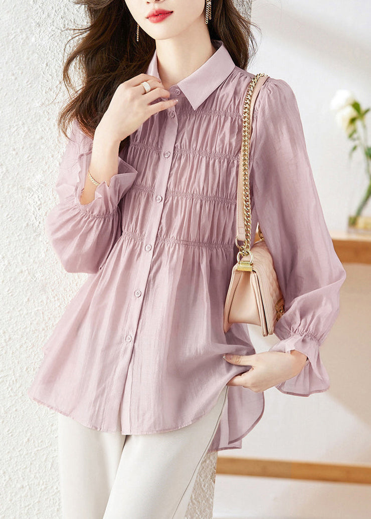 Simple Light Purple Peter Pan Collar Wrinkled Patchwork Button Silk Shirts Long Sleeve