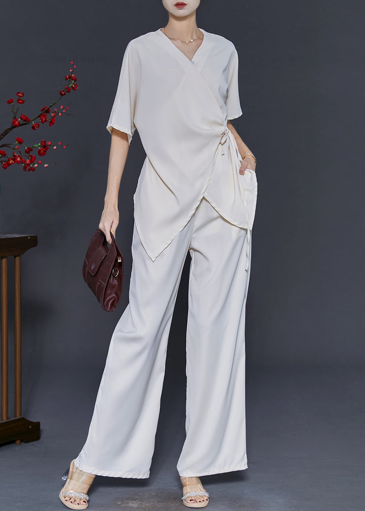 Simple Milk White Asymmetrical Tie Waist Silk Two Piece Suit Set Summer