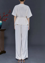 Simple Milk White Asymmetrical Tie Waist Silk Two Piece Suit Set Summer