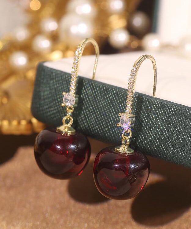 Simple Mulberry Copper Overgild Zircon Cherry Drop Earrings