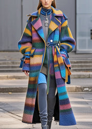 Simple Multicolor Oversized Striped Woolen Coat Fall