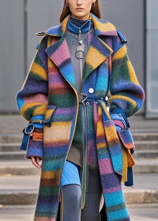 Simple Multicolor Oversized Striped Woolen Coat Fall