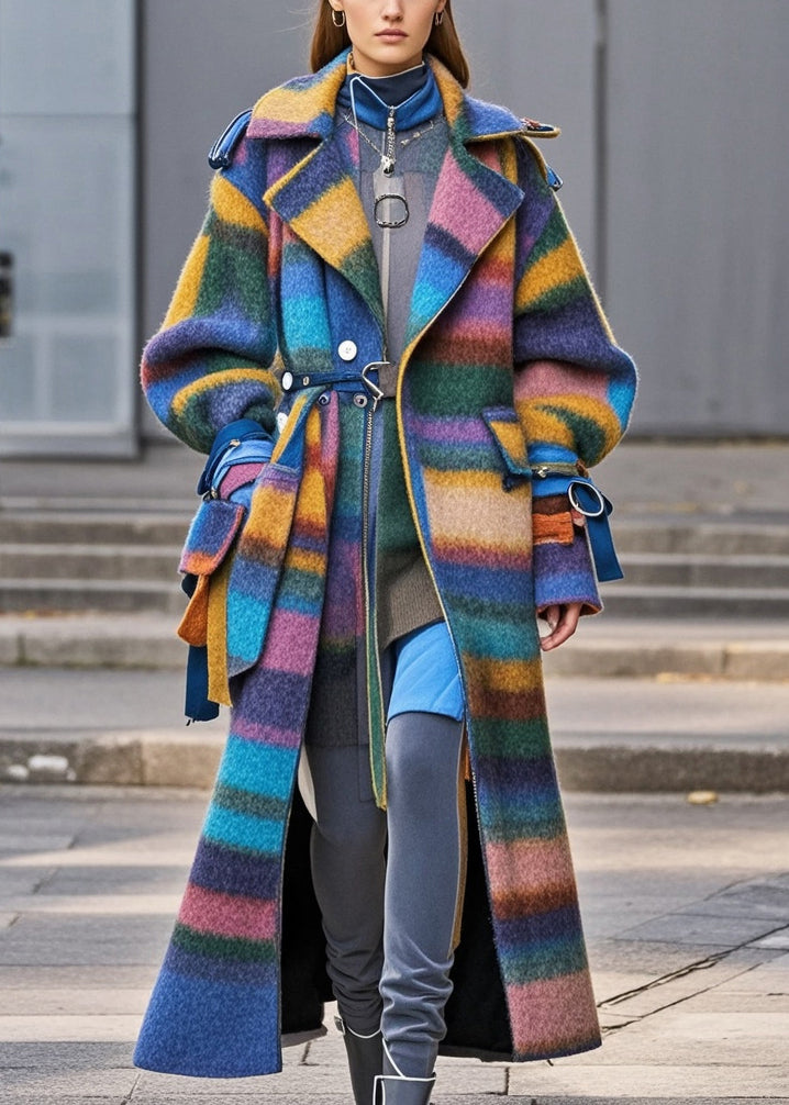 Simple Multicolor Oversized Striped Woolen Coat Fall