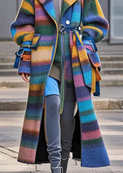 Simple Multicolor Oversized Striped Woolen Coat Fall