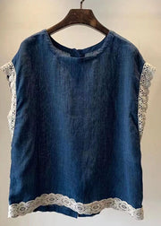 Simple Navy O Neck Lace Button Patchwork Linen Shirt Top Sleeveless