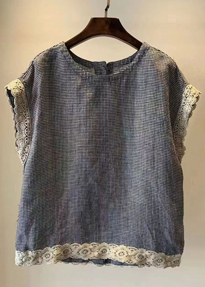 Simple Navy O Neck Lace Button Patchwork Linen Shirt Top Sleeveless