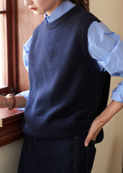 Simple Navy O Neck Patchwork Knit Waistcoat Sleeveless