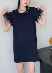 Simple Navy O-Neck Patchwork Mid Dress Short Sleeve