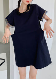 Simple Navy O-Neck Patchwork Mid Dress Short Sleeve