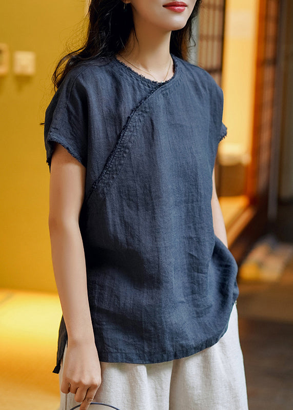 Simple Navy O Neck Side Open Linen T Shirt Top Summer