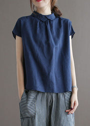 Simple Navy Peter Pan Collar Button Patchwork Linen Top Summer