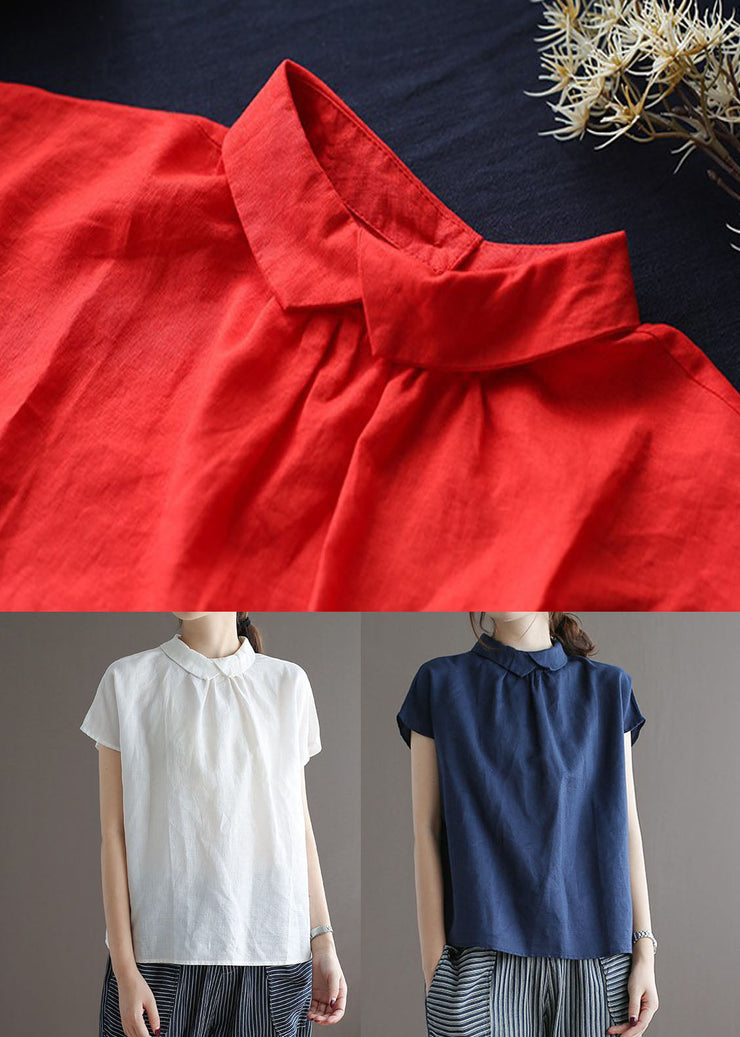 Simple Navy Peter Pan Collar Button Patchwork Linen Top Summer