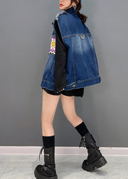 Simple Navy Peter Pan Collar Print Patchwork Button Denim Waistcoat Fall