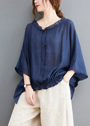 Simple Navy Ruffled Oversized Low High Design Linen Shirt Tops Batwing Sleeve