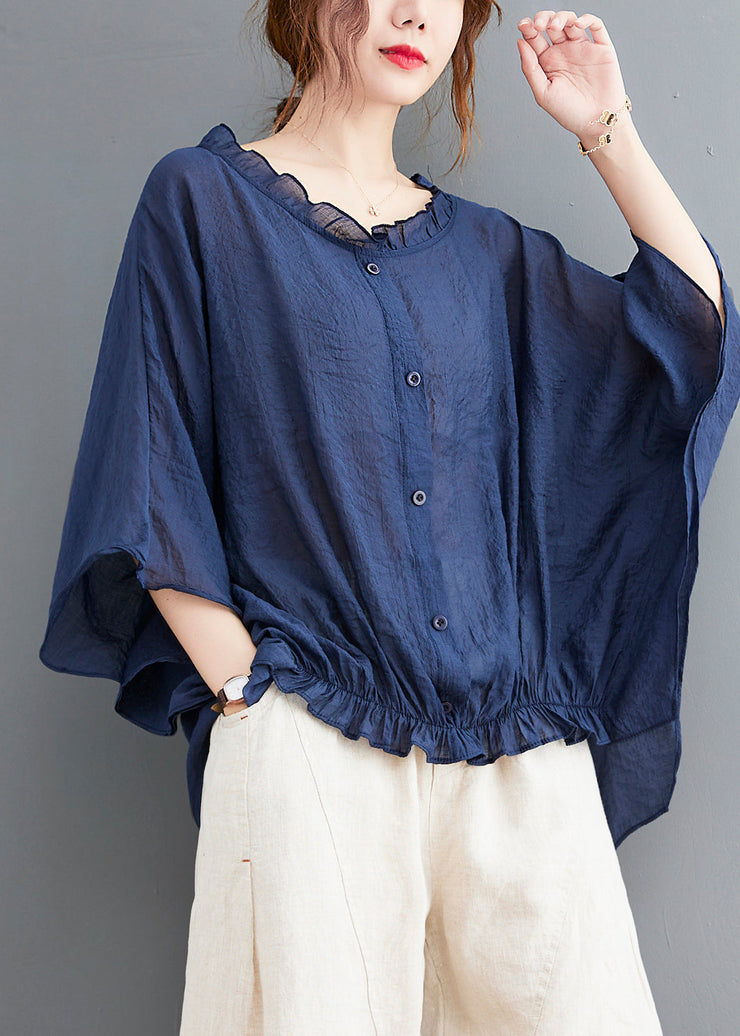 Simple Navy Ruffled Oversized Low High Design Linen Shirt Tops Batwing Sleeve