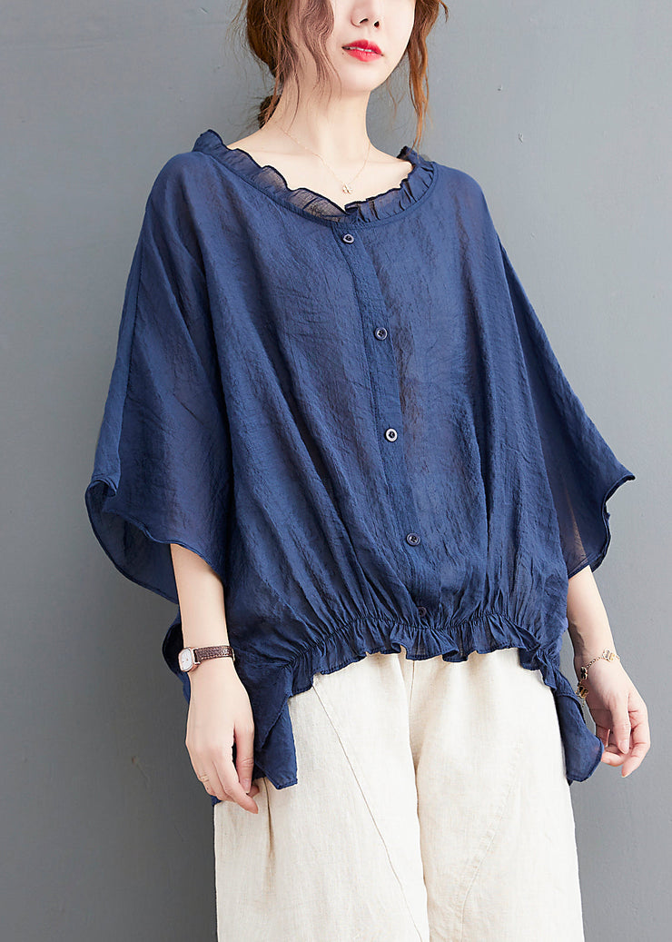 Simple Navy Ruffled Oversized Low High Design Linen Shirt Tops Batwing Sleeve