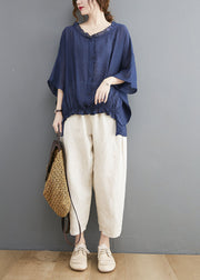 Simple Navy Ruffled Oversized Low High Design Linen Shirt Tops Batwing Sleeve