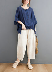 Simple Navy Ruffled Oversized Low High Design Linen Shirt Tops Batwing Sleeve