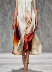 Simple Nude V Neck Patchwork Silk Long Dresses Summer