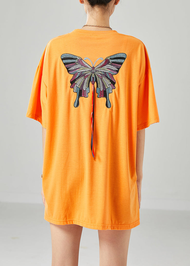 Simple Orange Embroideried Butterfly Tassel Cotton Tank Summer