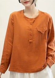 Simple Orange O-Neck Patchwork Button Tops Long Sleeve