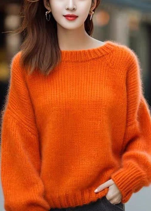 Simple Orange O Neck Solid Cozy Cotton Knit Sweaters Long Sleeve