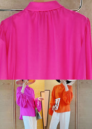 Simple Orange Stand Collar Silk Top Lantern Sleeve