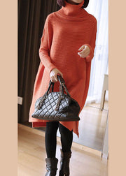 Simple Orange Turtle Neck Oversized Knitted Long Sweater Spring