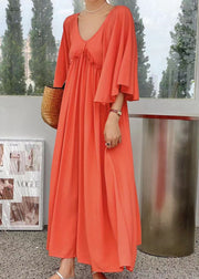 Simple Orange V Neck Patchwork Wrinkled Cotton Dress Flare Sleeve