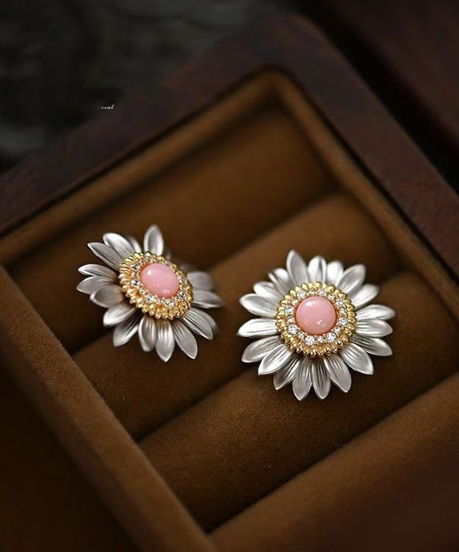 Simple Pink Alloy Zircon Daisy Stud Earrings