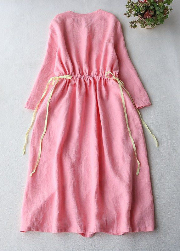 Simple Pink Button Lace Up Pockets Cotton Long Dress Spring