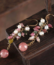 Simple Pink Copper Crystal Pearl Drop Earrings