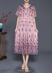 Simple Pink Embroideried Tulle Maxi Dresses Summer