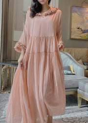 Simple Pink Floral Wrinkled Hoold Silk Maxi Dresses Flare Sleeve