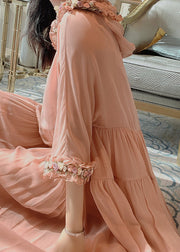 Simple Pink Floral Wrinkled Hoold Silk Maxi Dresses Flare Sleeve