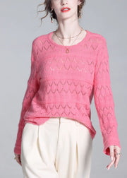 Simple Pink Hollow Out Solid Wool Knit Sweater Winter