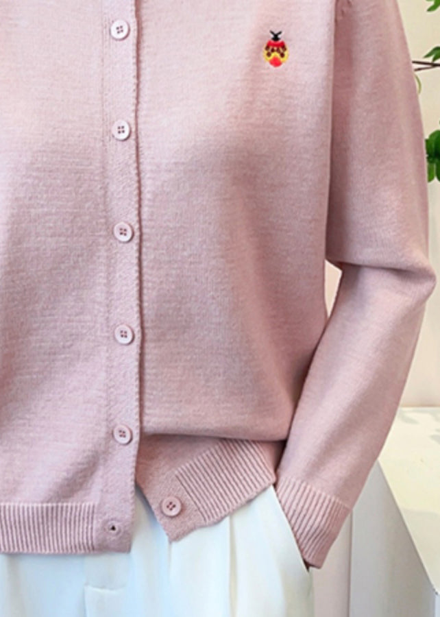 Simple Pink O-Neck Print Button Knit Cardigan Fall