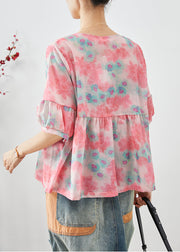 Simple Pink O-Neck Print Linen Shirt Tops Half Sleeve