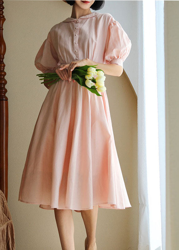 Simple Pink Peter Pan Collar Exra Large Hem Cinched Cotton Dresses Lantern Sleeve