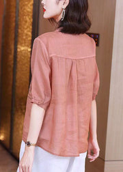 Simple Pink Ruffled Embroideried Patchwork Linen Tops Summer