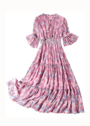 Simple Pink Ruffled Print Patchwork Silk Mid Dress Summer