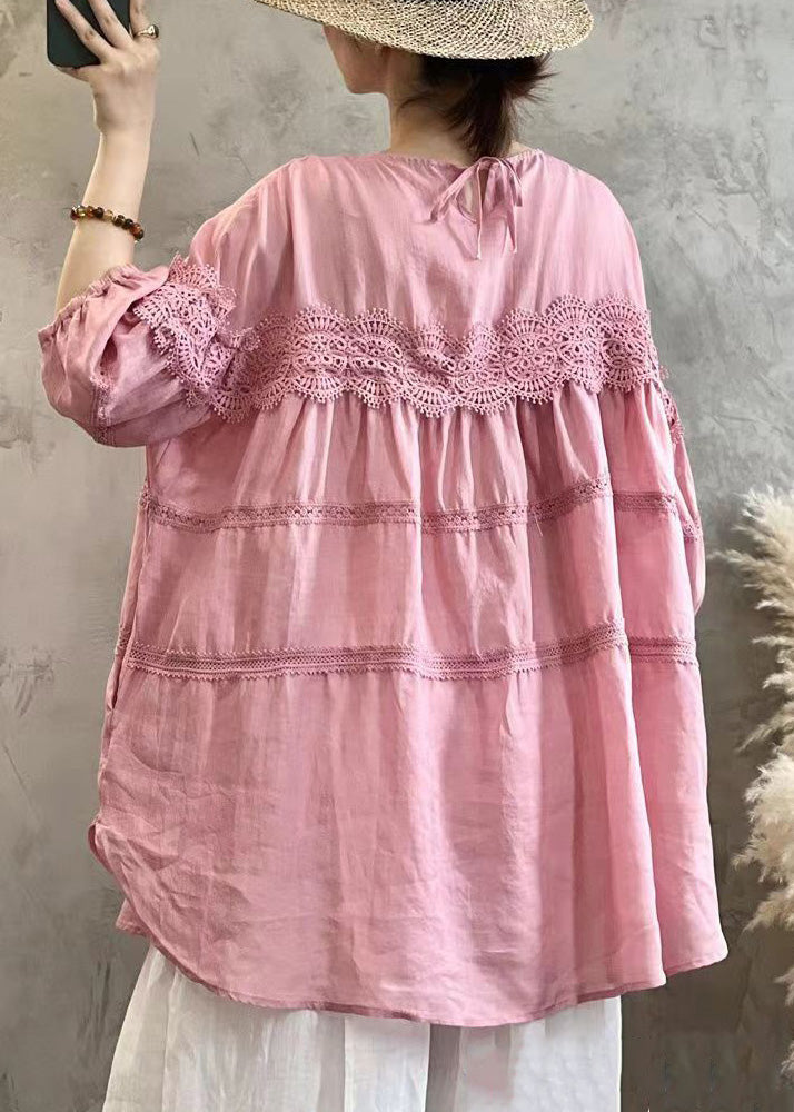 Simple Pink Solid Lace Up Cotton T Shirt Long Sleeve