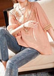 Simple Pink V Neck Hollow Out Patchwork Linen Tops Summer