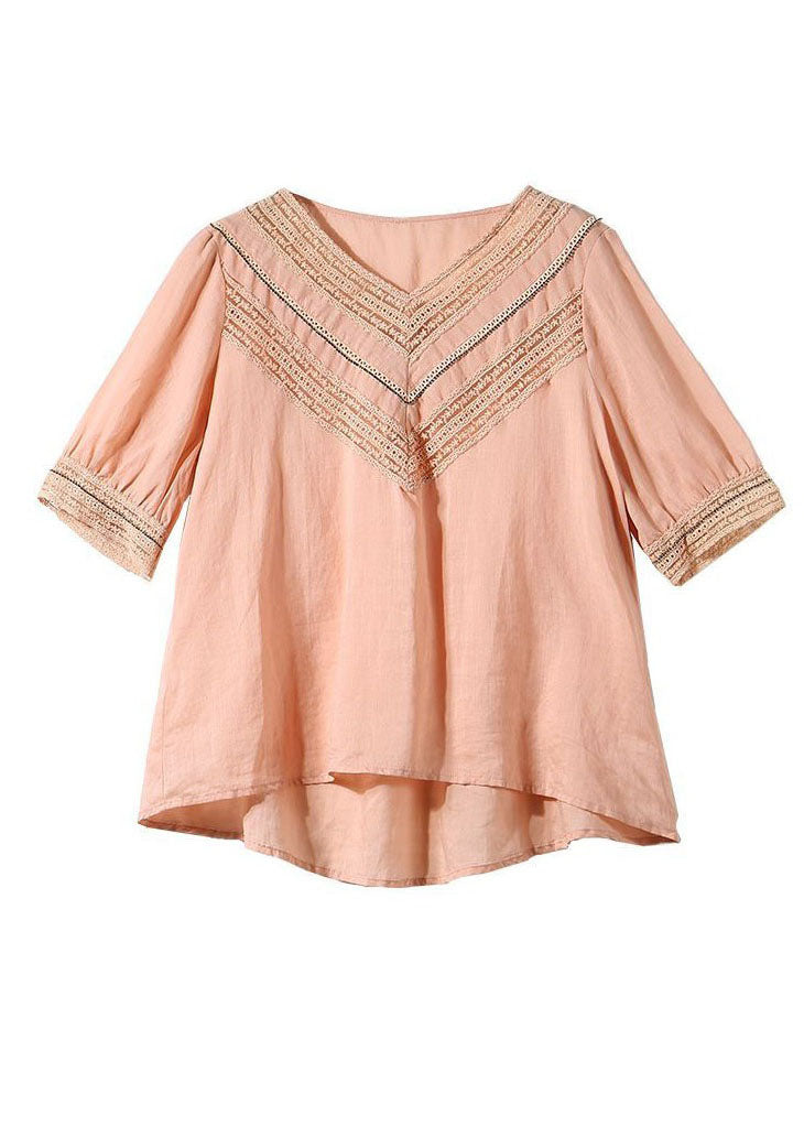 Simple Pink V Neck Hollow Out Patchwork Linen Tops Summer